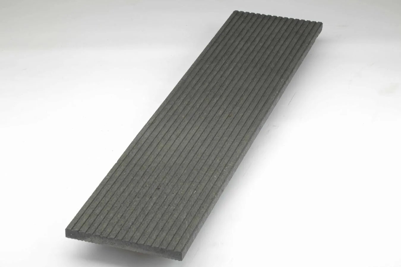 Grey solid recycled plastic decking board — grooved profile product shot